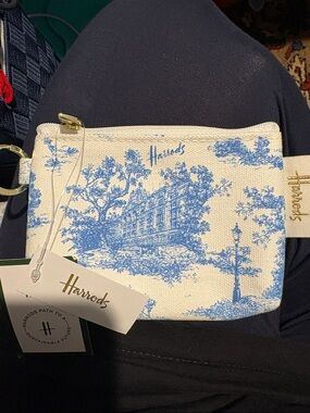 Harrods London Blue and Cream Toile Canvas Coin Pouch